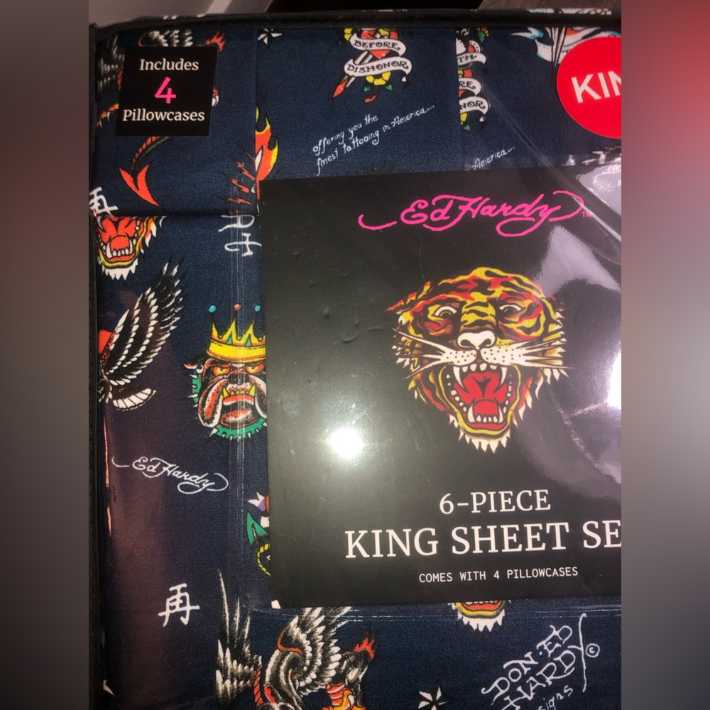 💙 Ed Hardy Navy Sheet Set with Multicolor Tattoo Motifs